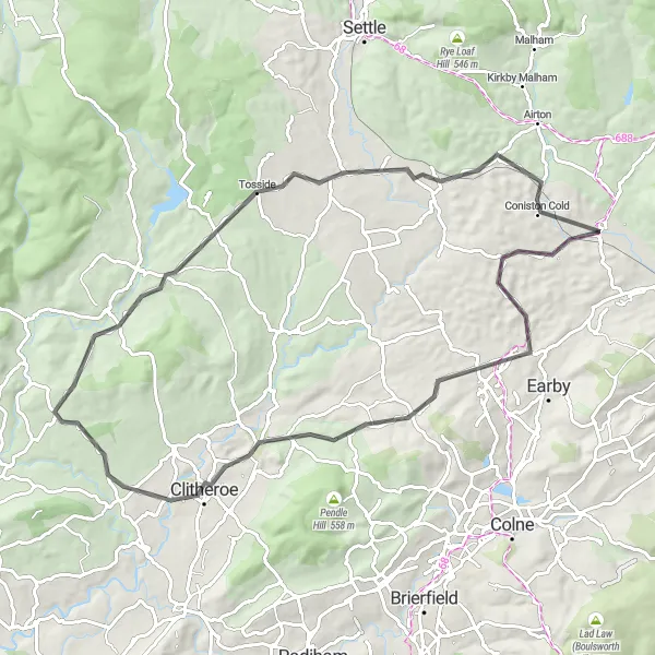 Map miniature of "Barnoldswick and Hellifield Loop" cycling inspiration in North Yorkshire, United Kingdom. Generated by Tarmacs.app cycling route planner