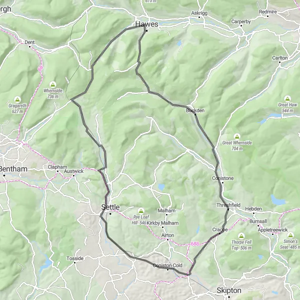 Map miniature of "The Ribblesdale Circuit" cycling inspiration in North Yorkshire, United Kingdom. Generated by Tarmacs.app cycling route planner