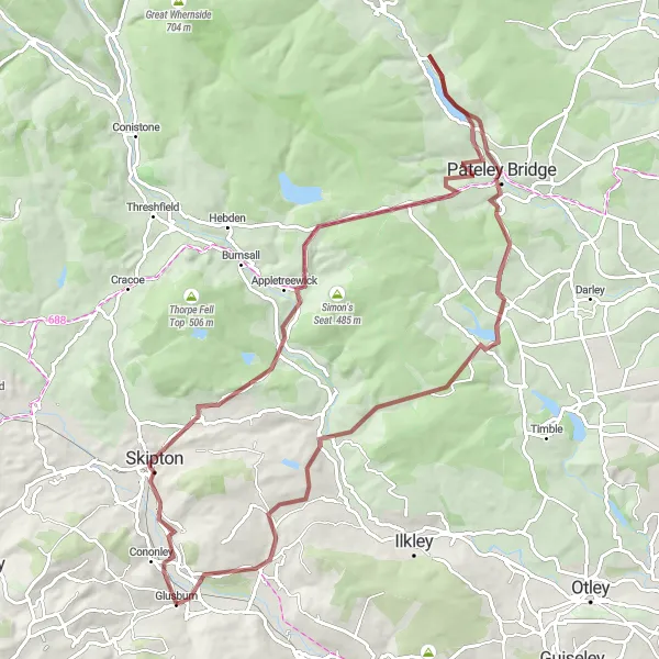 Map miniature of "Skipton and Pateley Bridge Gravel Adventure" cycling inspiration in North Yorkshire, United Kingdom. Generated by Tarmacs.app cycling route planner