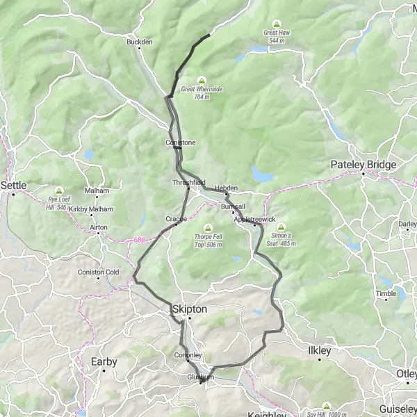 Map miniature of "Glusburn to Addingham Loop" cycling inspiration in North Yorkshire, United Kingdom. Generated by Tarmacs.app cycling route planner