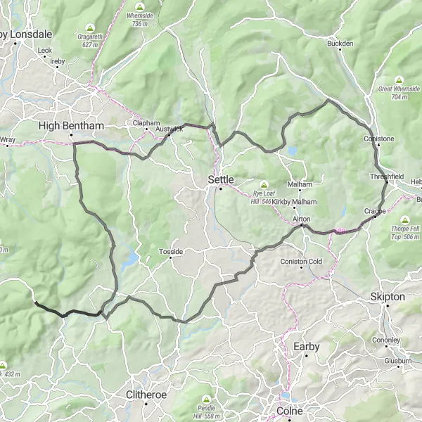 Map miniature of "The Wharfedale Century" cycling inspiration in North Yorkshire, United Kingdom. Generated by Tarmacs.app cycling route planner