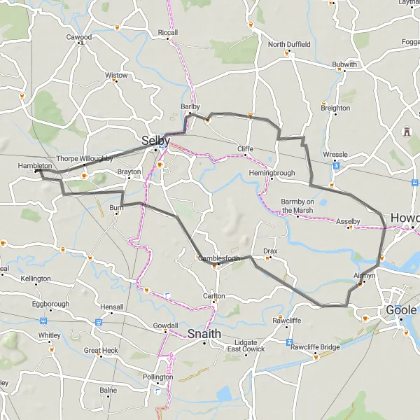 Map miniature of "Thorpe Willoughby and Brayton Road Loop" cycling inspiration in North Yorkshire, United Kingdom. Generated by Tarmacs.app cycling route planner