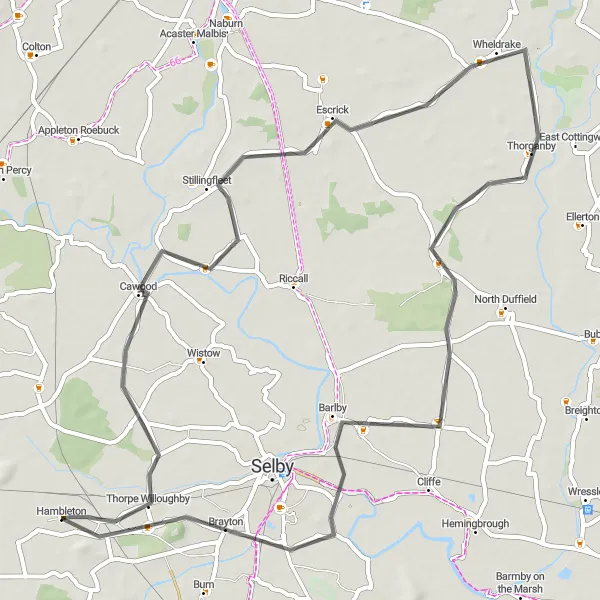 Map miniature of "Thorpe Willoughby and Brayton Road Adventure" cycling inspiration in North Yorkshire, United Kingdom. Generated by Tarmacs.app cycling route planner