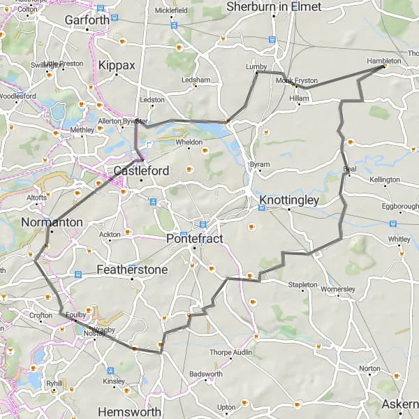 Map miniature of "Hambleton to Castleford Scenic Route" cycling inspiration in North Yorkshire, United Kingdom. Generated by Tarmacs.app cycling route planner