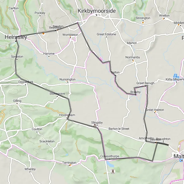 Map miniature of "Salton and Stonegrave Loop" cycling inspiration in North Yorkshire, United Kingdom. Generated by Tarmacs.app cycling route planner