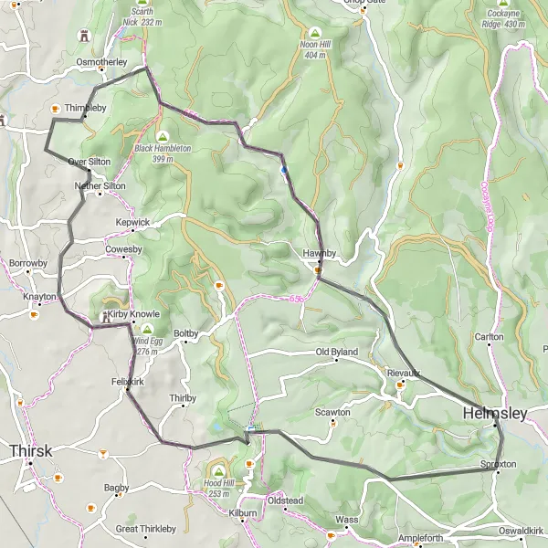 Map miniature of "Helmsley and Hawnby Hill Round Trip" cycling inspiration in North Yorkshire, United Kingdom. Generated by Tarmacs.app cycling route planner