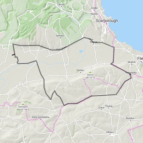 Map miniature of "Weaverthorpe and Hunmanby Loop" cycling inspiration in North Yorkshire, United Kingdom. Generated by Tarmacs.app cycling route planner