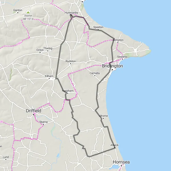 Map miniature of "Bridlington and Harpham Excursion" cycling inspiration in North Yorkshire, United Kingdom. Generated by Tarmacs.app cycling route planner