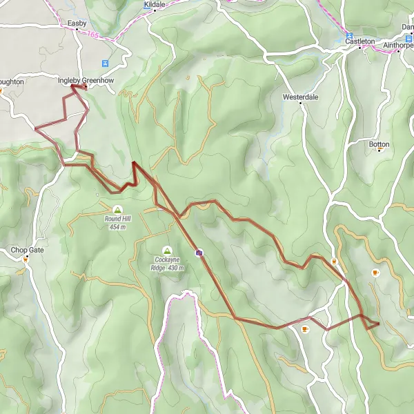 Map miniature of "Ridges and Valleys" cycling inspiration in North Yorkshire, United Kingdom. Generated by Tarmacs.app cycling route planner