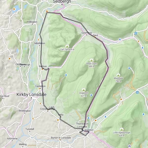 Map miniature of "The Charming Road Loop" cycling inspiration in North Yorkshire, United Kingdom. Generated by Tarmacs.app cycling route planner