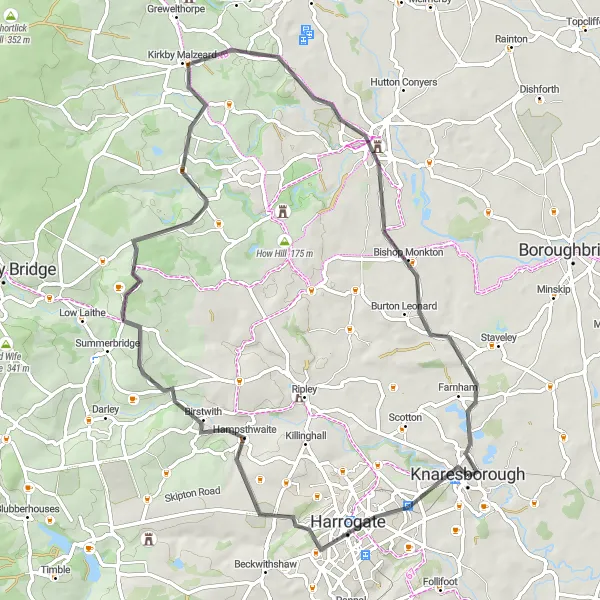 Map miniature of "The Harrogate Loop" cycling inspiration in North Yorkshire, United Kingdom. Generated by Tarmacs.app cycling route planner
