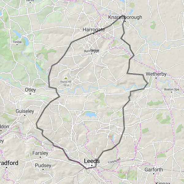 Map miniature of "The Leeds Exploration" cycling inspiration in North Yorkshire, United Kingdom. Generated by Tarmacs.app cycling route planner