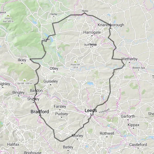 Map miniature of "Yorkshire Districts" cycling inspiration in North Yorkshire, United Kingdom. Generated by Tarmacs.app cycling route planner