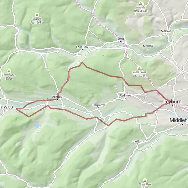 Map miniature of "Gravel Adventure around Leyburn" cycling inspiration in North Yorkshire, United Kingdom. Generated by Tarmacs.app cycling route planner