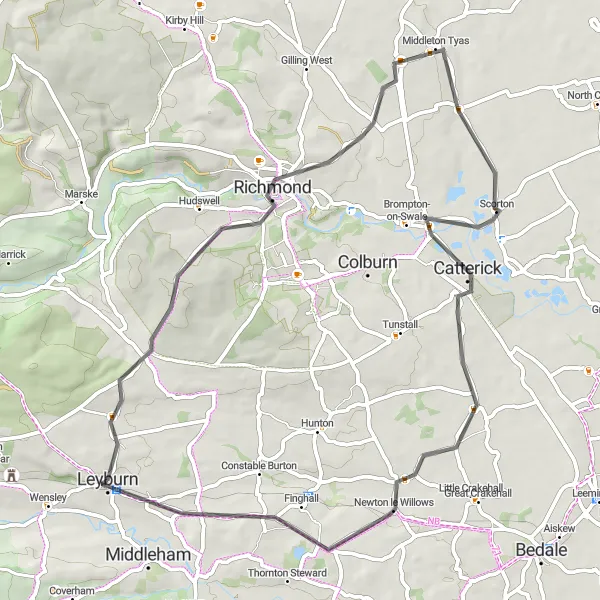 Map miniature of "Leyburn to Barden Fell Loop" cycling inspiration in North Yorkshire, United Kingdom. Generated by Tarmacs.app cycling route planner
