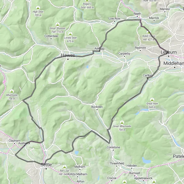 Map miniature of "Challenging Ride to Hawes and Giggleswick" cycling inspiration in North Yorkshire, United Kingdom. Generated by Tarmacs.app cycling route planner