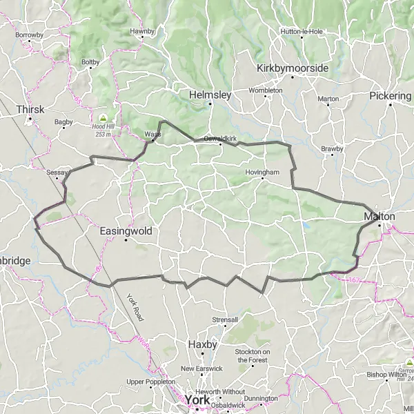 Map miniature of "Howardian Hills Adventure" cycling inspiration in North Yorkshire, United Kingdom. Generated by Tarmacs.app cycling route planner