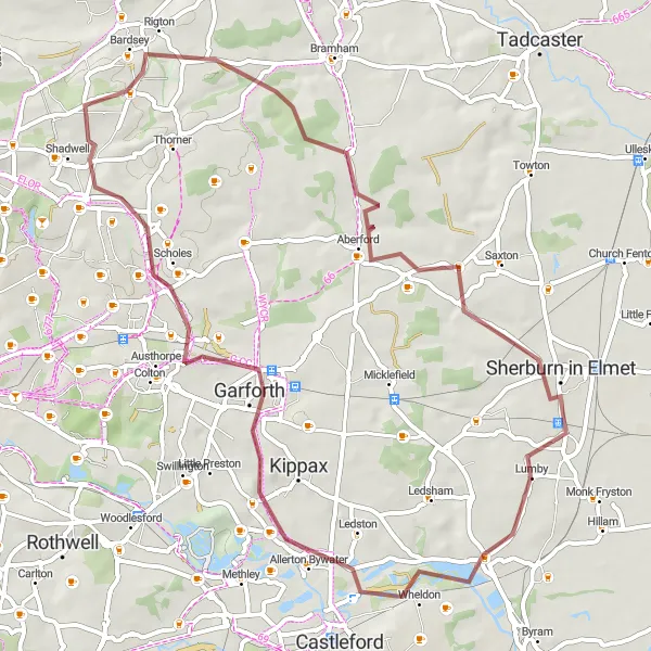 Map miniature of "Monk Fryston - Fairburn - Stanks - Scarcroft - Lotherton Hall Loop" cycling inspiration in North Yorkshire, United Kingdom. Generated by Tarmacs.app cycling route planner