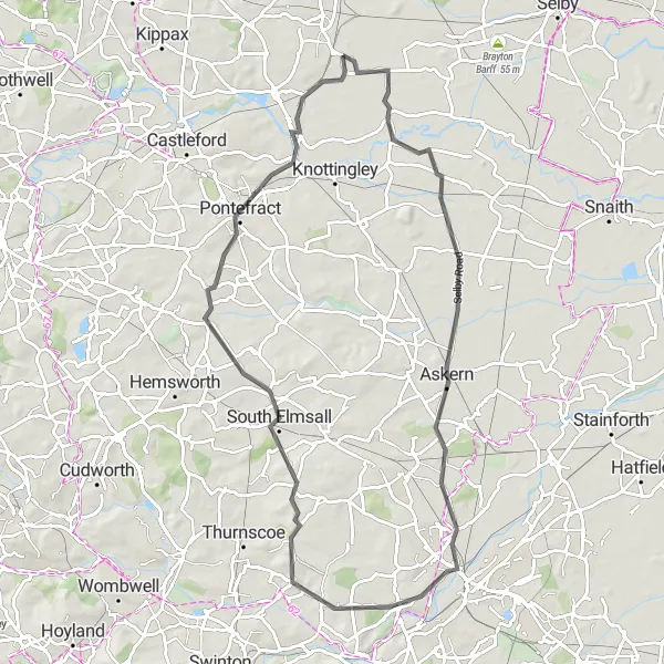 Map miniature of "Monk Fryston - Eggborough - Bentley - South Elmsall - Pontefract Castle - Hillam Loop" cycling inspiration in North Yorkshire, United Kingdom. Generated by Tarmacs.app cycling route planner