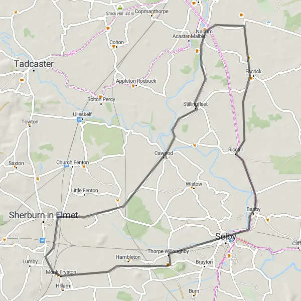 Map miniature of "Monk Fryston - Cawood - Deighton - Riccall - Brayton Barff - Monk Fryston Loop" cycling inspiration in North Yorkshire, United Kingdom. Generated by Tarmacs.app cycling route planner