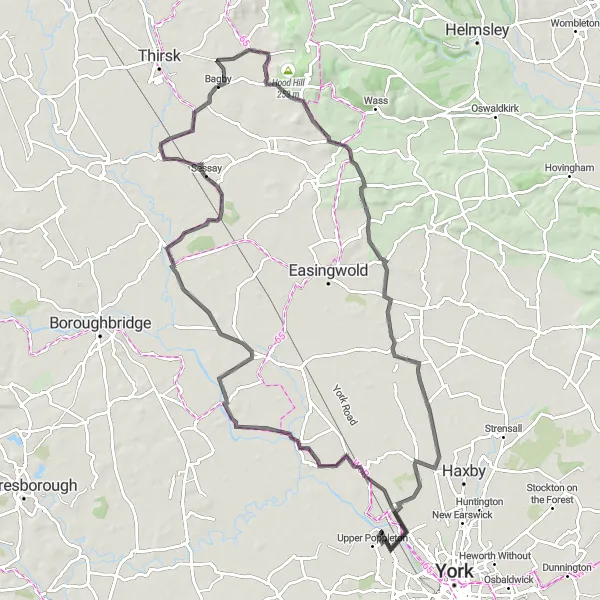 Map miniature of "Linton-on-Ouse and Upper Poppleton Tour" cycling inspiration in North Yorkshire, United Kingdom. Generated by Tarmacs.app cycling route planner