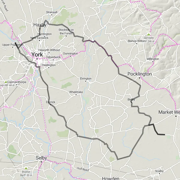 Map miniature of "Haxby to Yorkshire Highlights" cycling inspiration in North Yorkshire, United Kingdom. Generated by Tarmacs.app cycling route planner