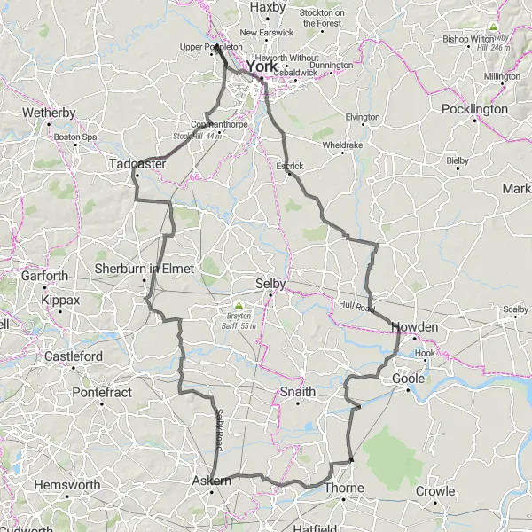 Map miniature of "York to Tadcaster Circular Route" cycling inspiration in North Yorkshire, United Kingdom. Generated by Tarmacs.app cycling route planner