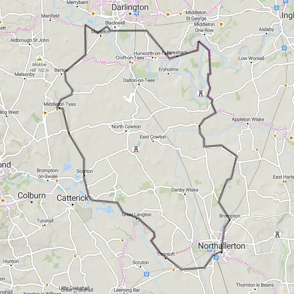 Map miniature of "Northallerton to Brompton" cycling inspiration in North Yorkshire, United Kingdom. Generated by Tarmacs.app cycling route planner