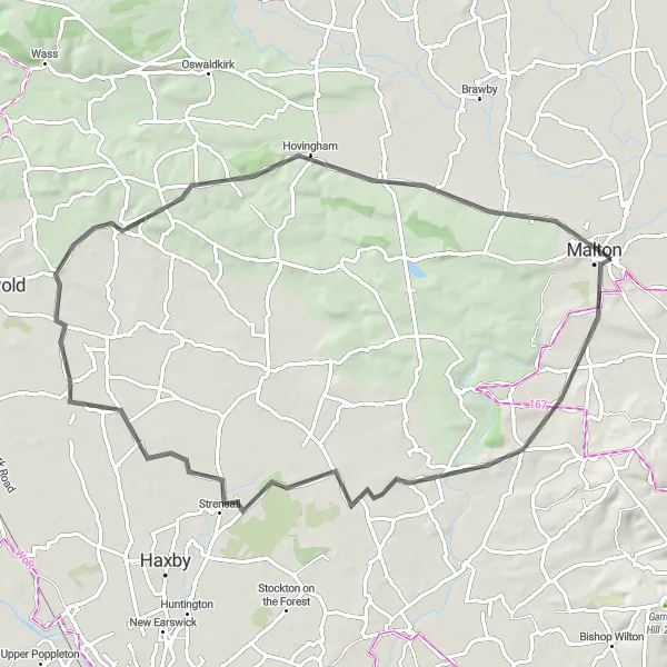 Map miniature of "Howsham and Malton Loop" cycling inspiration in North Yorkshire, United Kingdom. Generated by Tarmacs.app cycling route planner