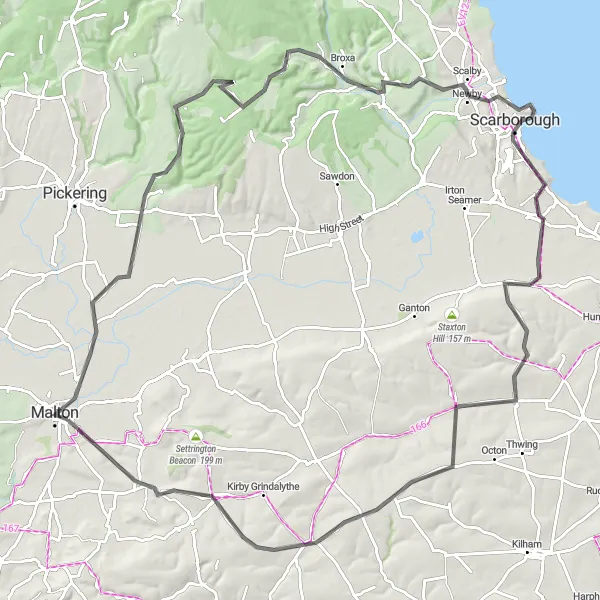 Map miniature of "Malton to Scarborough" cycling inspiration in North Yorkshire, United Kingdom. Generated by Tarmacs.app cycling route planner