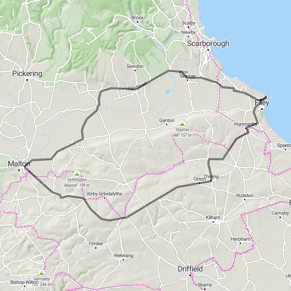 Map miniature of "Norton-on-Derwent to Filey" cycling inspiration in North Yorkshire, United Kingdom. Generated by Tarmacs.app cycling route planner
