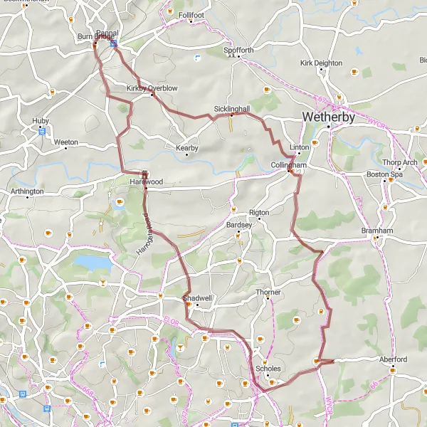 Map miniature of "Gravel Excursion to Collingham and Harewood" cycling inspiration in North Yorkshire, United Kingdom. Generated by Tarmacs.app cycling route planner