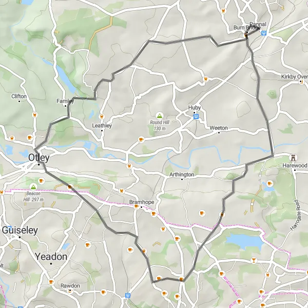 Map miniature of "Road Cycling Adventure to Otley and Devil's Frying Pan" cycling inspiration in North Yorkshire, United Kingdom. Generated by Tarmacs.app cycling route planner