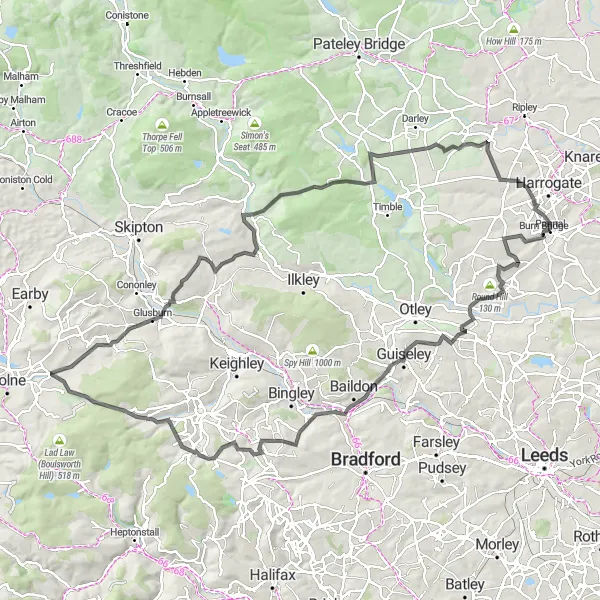 Map miniature of "The Washburn Valley Adventure" cycling inspiration in North Yorkshire, United Kingdom. Generated by Tarmacs.app cycling route planner