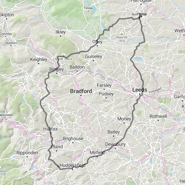 Map miniature of "Ultimate Road Cycling Adventure to Longwood Tower and Otley" cycling inspiration in North Yorkshire, United Kingdom. Generated by Tarmacs.app cycling route planner