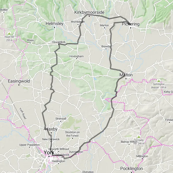 Map miniature of "The Vale of York Road Tour" cycling inspiration in North Yorkshire, United Kingdom. Generated by Tarmacs.app cycling route planner