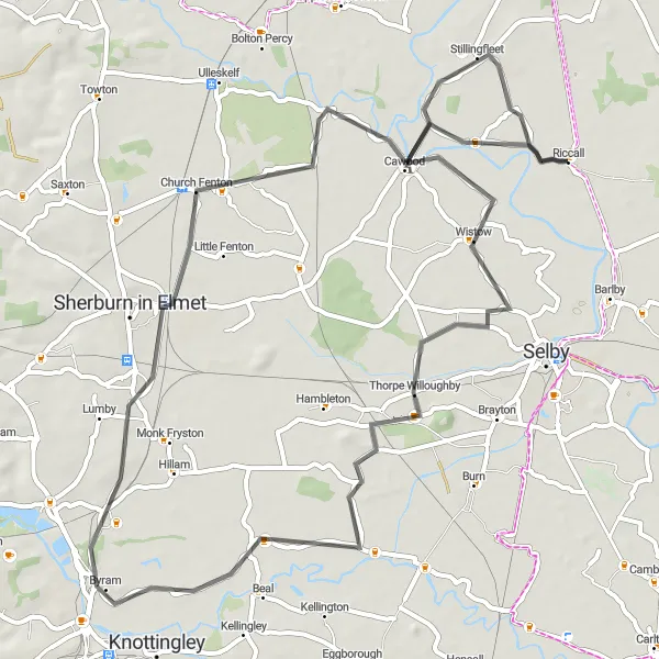 Map miniature of "Cawood Castle Ride" cycling inspiration in North Yorkshire, United Kingdom. Generated by Tarmacs.app cycling route planner