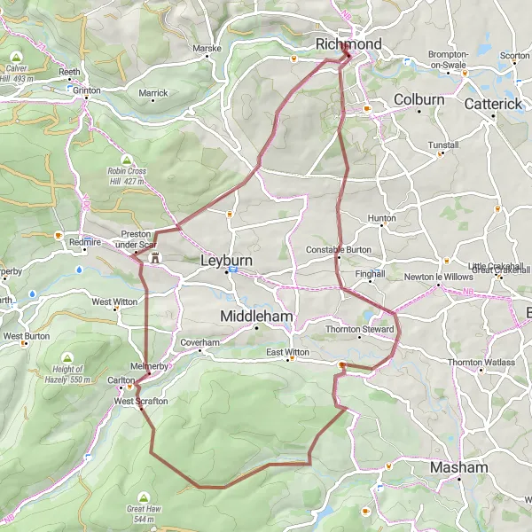 Map miniature of "The Castle Loop" cycling inspiration in North Yorkshire, United Kingdom. Generated by Tarmacs.app cycling route planner