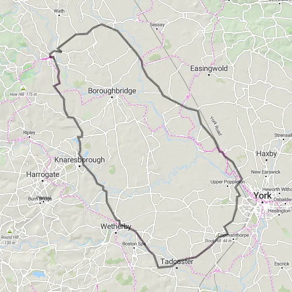 Map miniature of "Ripon to Knaresborough Century Ride" cycling inspiration in North Yorkshire, United Kingdom. Generated by Tarmacs.app cycling route planner