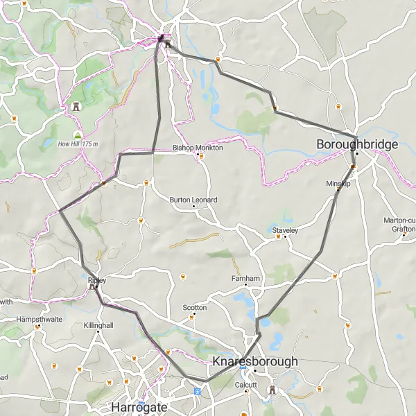 Map miniature of "Boroughbridge Loop" cycling inspiration in North Yorkshire, United Kingdom. Generated by Tarmacs.app cycling route planner