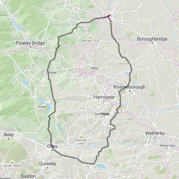 Map miniature of "Ride to Knaresborough and Harewood House" cycling inspiration in North Yorkshire, United Kingdom. Generated by Tarmacs.app cycling route planner