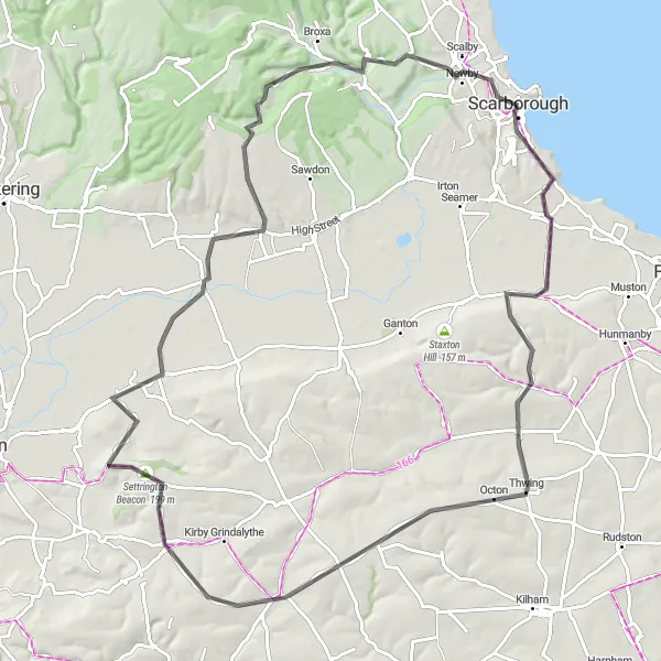 Map miniature of "Hills and Valleys" cycling inspiration in North Yorkshire, United Kingdom. Generated by Tarmacs.app cycling route planner