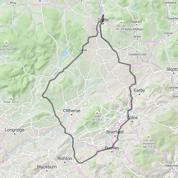 Map miniature of "Settle to Whalley Loop" cycling inspiration in North Yorkshire, United Kingdom. Generated by Tarmacs.app cycling route planner