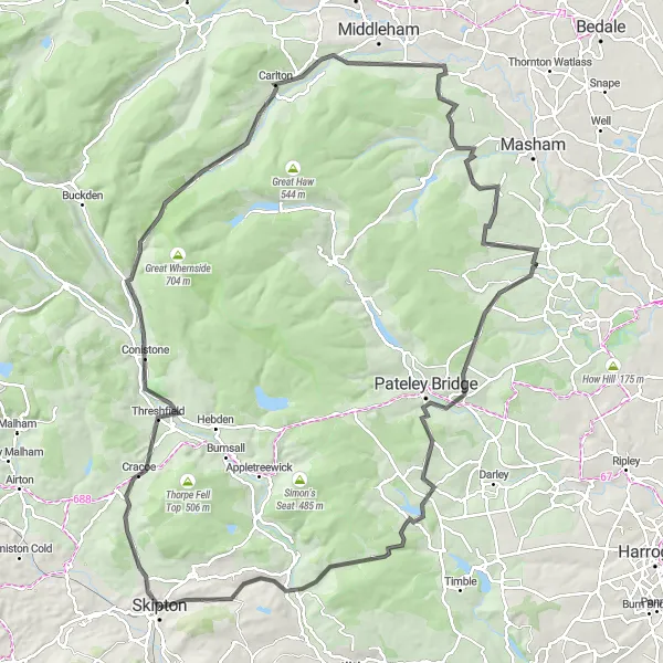 Map miniature of "The Scenic Road Escape" cycling inspiration in North Yorkshire, United Kingdom. Generated by Tarmacs.app cycling route planner