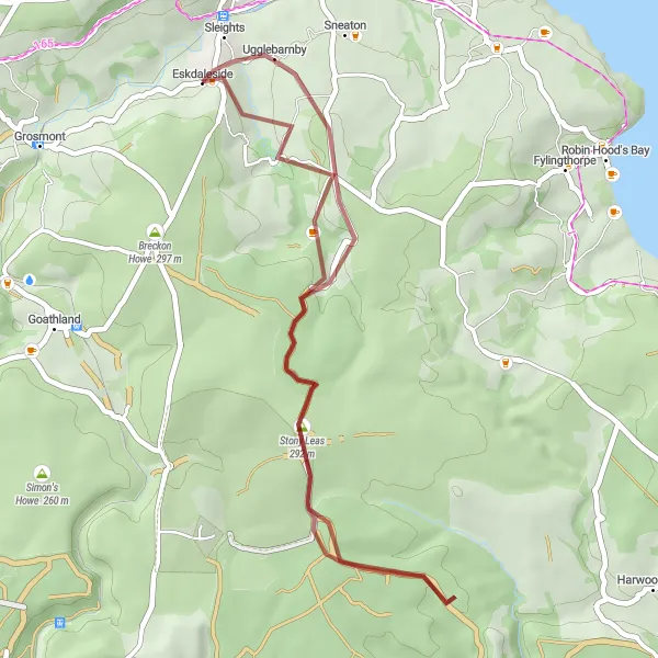 Map miniature of "Sleights and Falling Foss Waterfall Gravel Loop" cycling inspiration in North Yorkshire, United Kingdom. Generated by Tarmacs.app cycling route planner