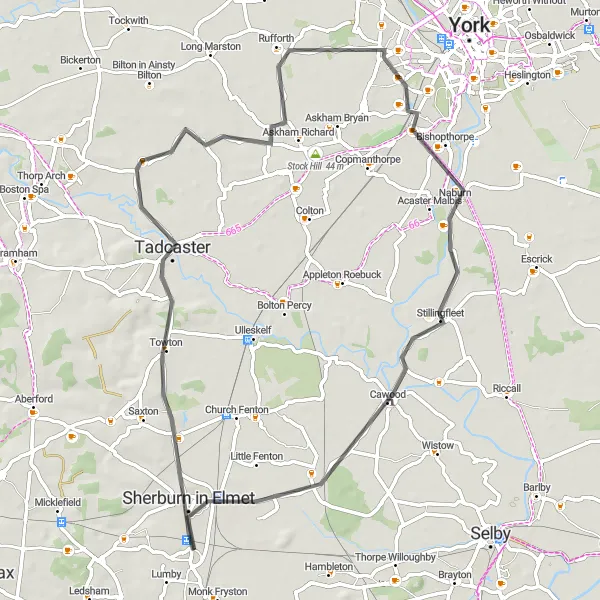 Map miniature of "Tadcaster Loop" cycling inspiration in North Yorkshire, United Kingdom. Generated by Tarmacs.app cycling route planner