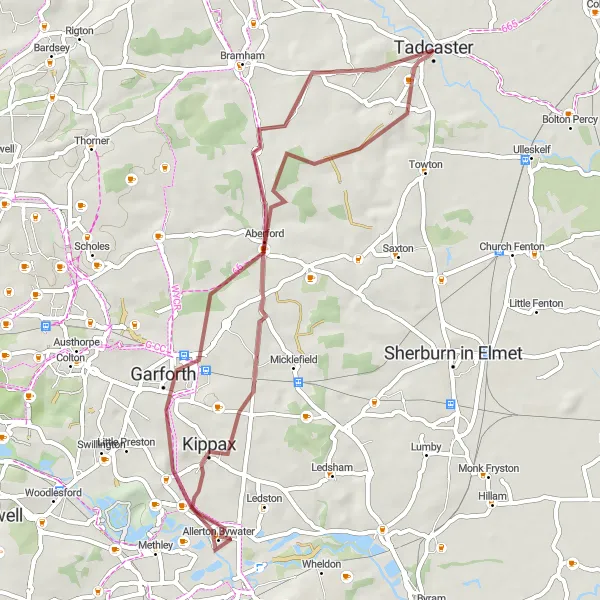 Map miniature of "Scenic Aberford and Kippax Gravel Circuit" cycling inspiration in North Yorkshire, United Kingdom. Generated by Tarmacs.app cycling route planner