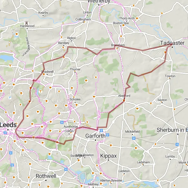 Map miniature of "The Aberford and Roundhay Loop" cycling inspiration in North Yorkshire, United Kingdom. Generated by Tarmacs.app cycling route planner