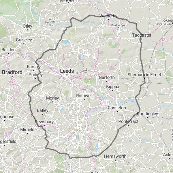 Map miniature of "The Yorkshire Sculpture Park and Harewood House Loop" cycling inspiration in North Yorkshire, United Kingdom. Generated by Tarmacs.app cycling route planner