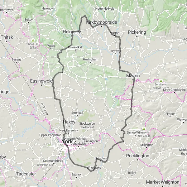 Map miniature of "Wheldrake to Kirkbymoorside Loop" cycling inspiration in North Yorkshire, United Kingdom. Generated by Tarmacs.app cycling route planner